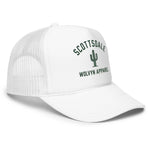 White foam trucker hat with mesh back, cactus graphic, and Scottsdale Wolvyn Apparel text