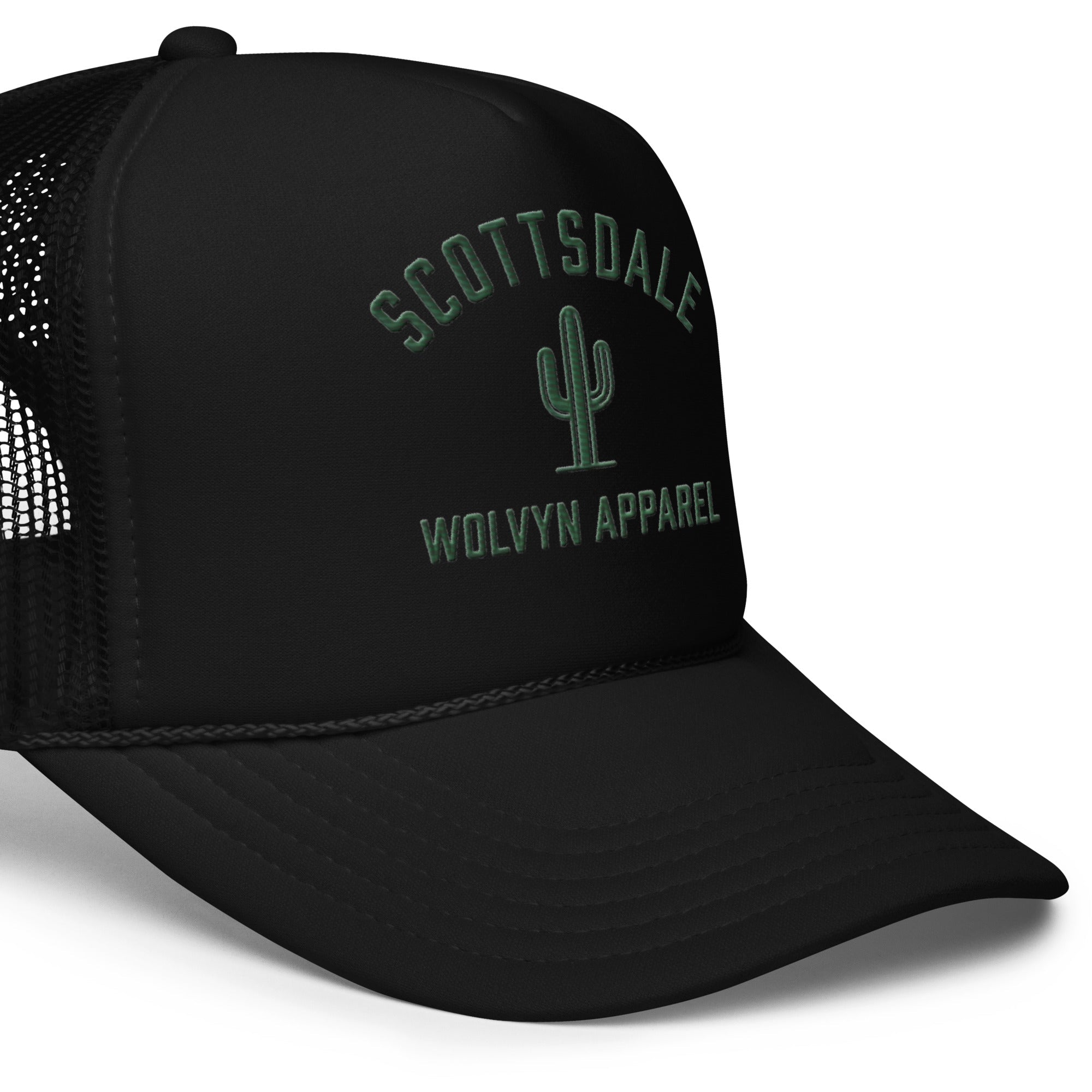 Black foam trucker hat with mesh back, Scottsdale cactus and Wolvyn Apparel embroidery