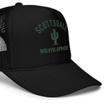 Black foam trucker hat with mesh back, Scottsdale cactus and Wolvyn Apparel embroidery