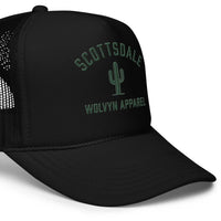 Black foam trucker hat with mesh back, Scottsdale cactus and Wolvyn Apparel embroidery
