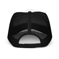 Back view of black mesh foam trucker hat with adjustable snapback closure