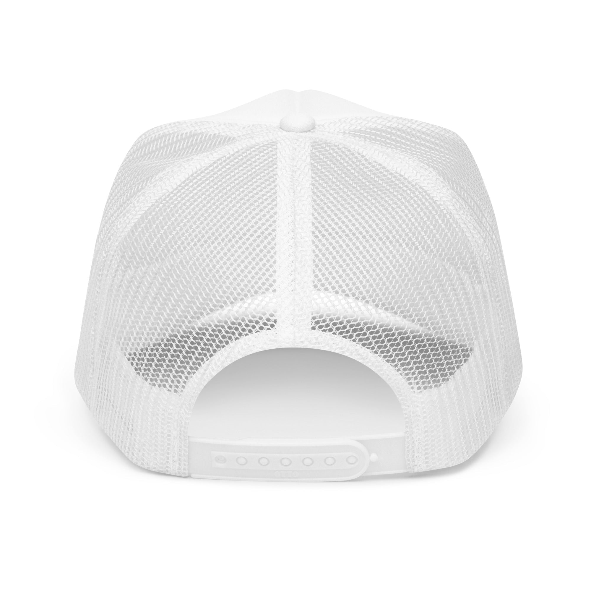 Back view of white foam trucker hat with mesh panels and adjustable snapback closure