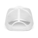Back view of white foam trucker hat with mesh panels and adjustable snapback closure