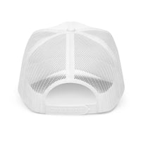 Back view of white foam trucker hat with mesh panels and adjustable snapback closure