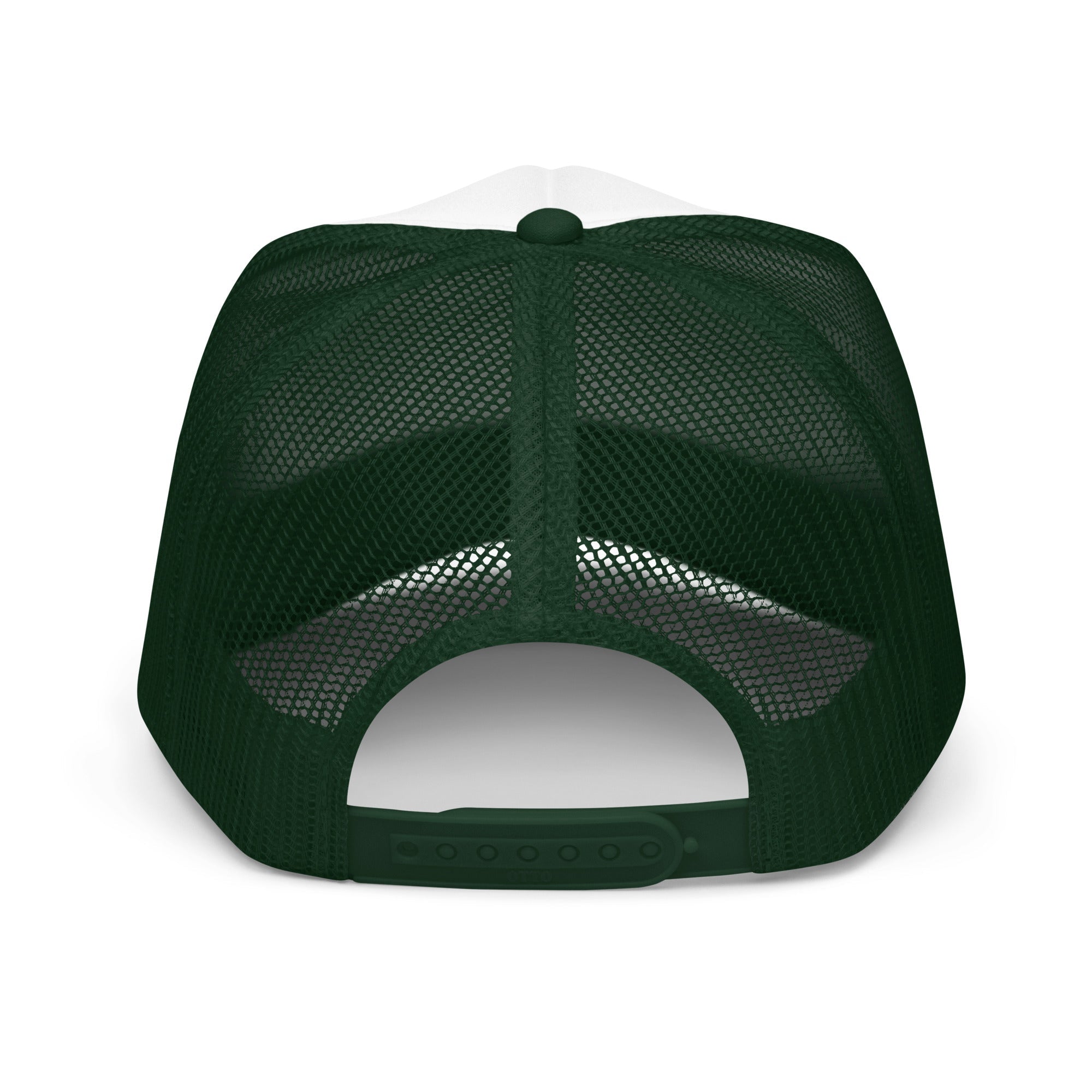 Back view of green mesh foam trucker hat with adjustable snapback closure