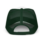 Back view of green mesh foam trucker hat with adjustable snapback closure