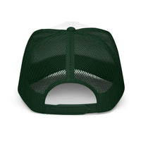 Back view of green mesh foam trucker hat with adjustable snapback closure