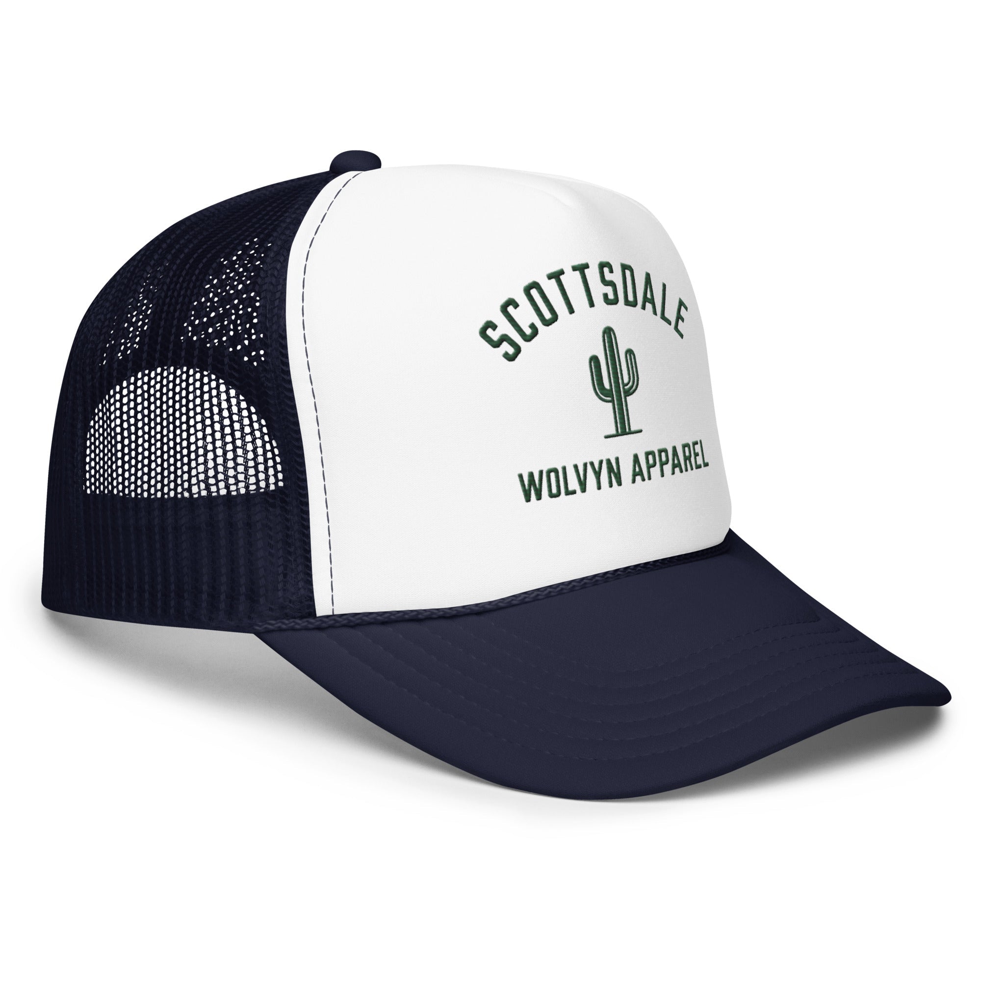 White and navy foam trucker hat with mesh back, cactus graphic, and Scottsdale Wolvyn Apparel text