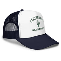 White and navy foam trucker hat with mesh back, cactus graphic, and Scottsdale Wolvyn Apparel text