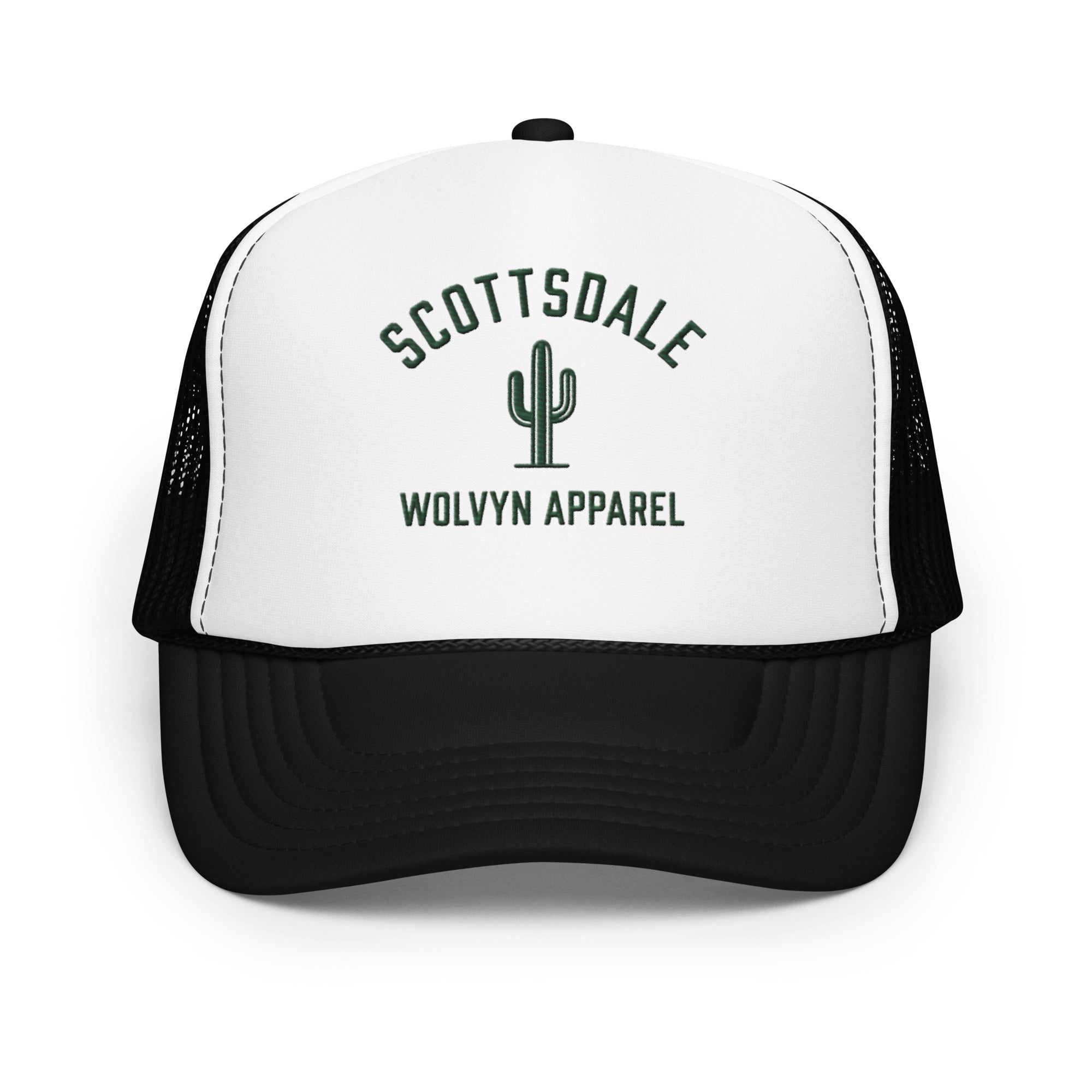 Black and white foam trucker hat with SCOTTSDALE and cactus graphic on front mesh panel