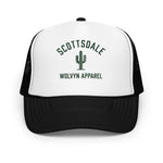 Black and white foam trucker hat with SCOTTSDALE and cactus graphic on front mesh panel