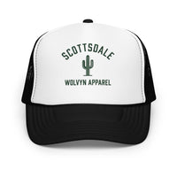Black and white foam trucker hat with SCOTTSDALE and cactus graphic on front mesh panel