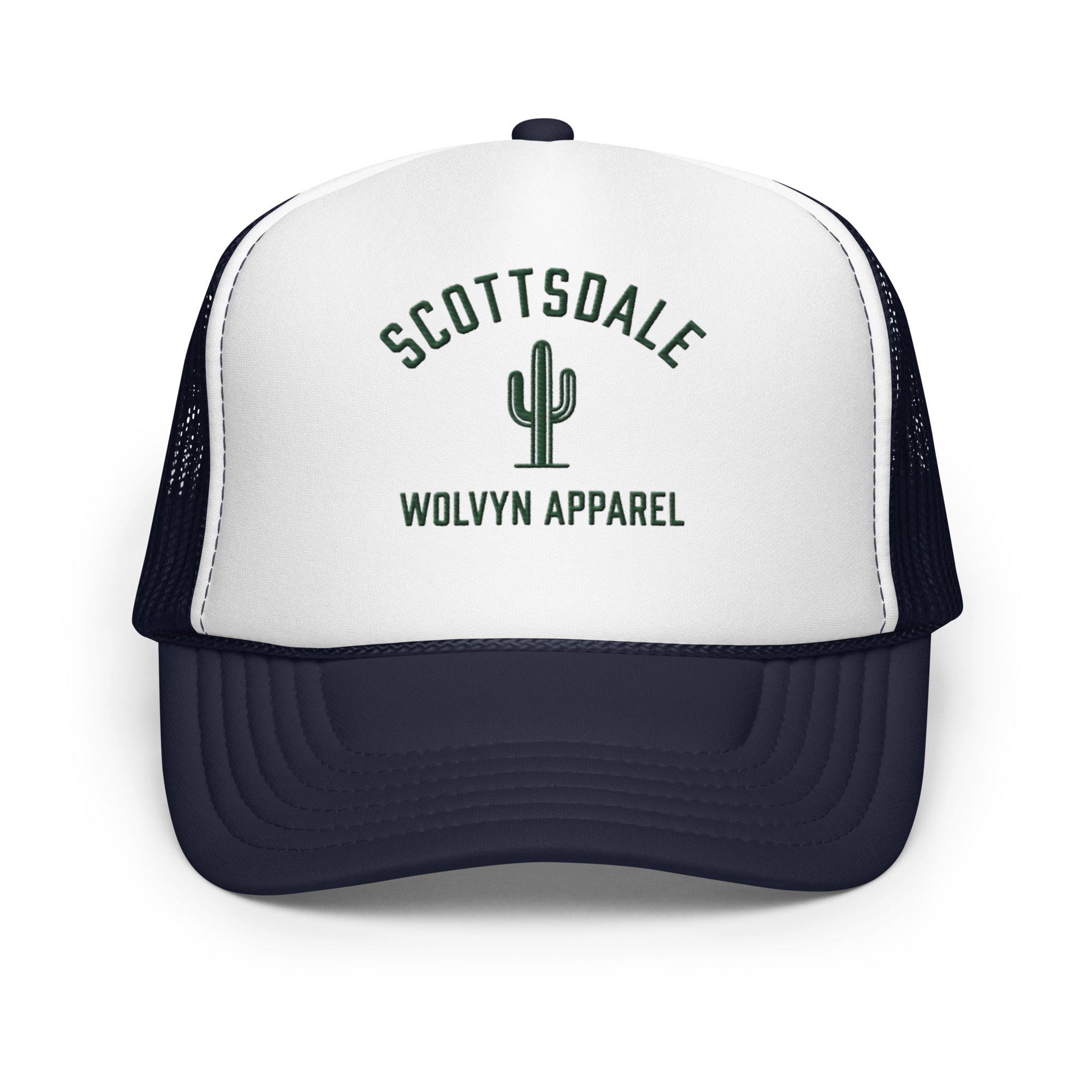 White and black foam trucker hat with cactus graphic and text Scottsdale Wolvyn Apparel