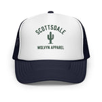 White and black foam trucker hat with cactus graphic and text Scottsdale Wolvyn Apparel