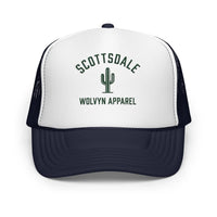 White and black foam trucker hat with cactus graphic and text Scottsdale Wolvyn Apparel