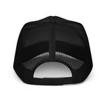 Back view of black foam trucker hat with mesh panels and adjustable snapback closure