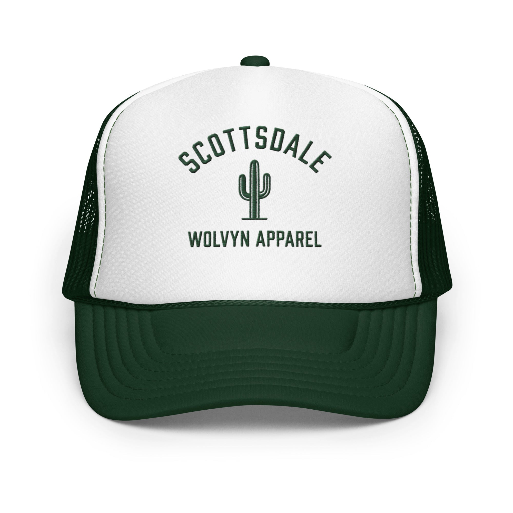 Green and white foam trucker hat with SCOTTSDALE, cactus graphic, and WOLVYN APPAREL text.