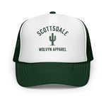 Green and white foam trucker hat with SCOTTSDALE, cactus graphic, and WOLVYN APPAREL text.