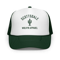 Green and white foam trucker hat with SCOTTSDALE, cactus graphic, and WOLVYN APPAREL text.