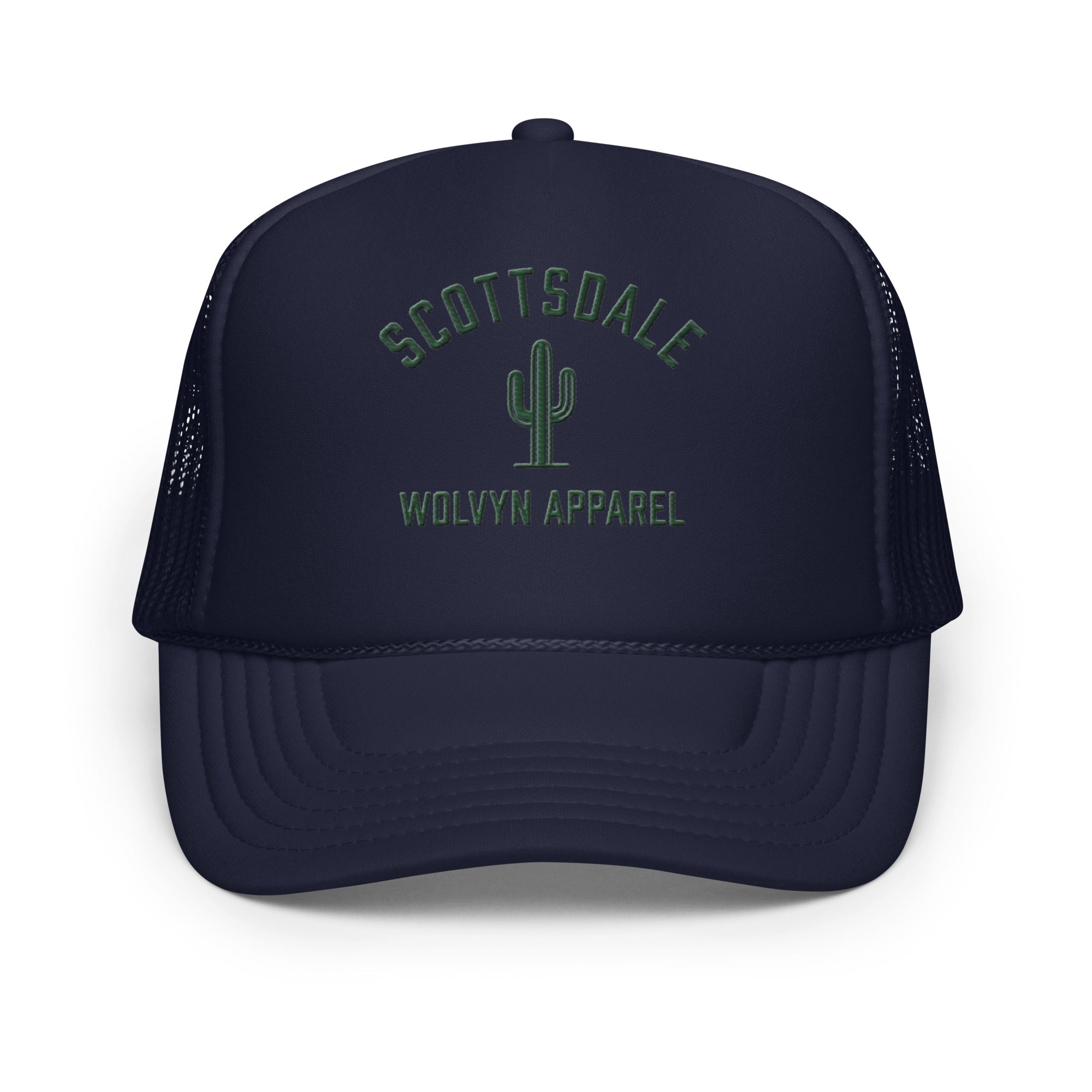 Navy foam trucker hat with mesh back, green Scottsdale and cactus embroidery, Wolvyn Apparel logo.