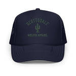 Navy foam trucker hat with mesh back, green Scottsdale and cactus embroidery, Wolvyn Apparel logo.