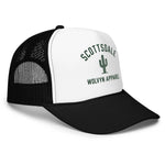 Black and white foam trucker hat with cactus graphic and 'Scottsdale Wolvyn Apparel' text