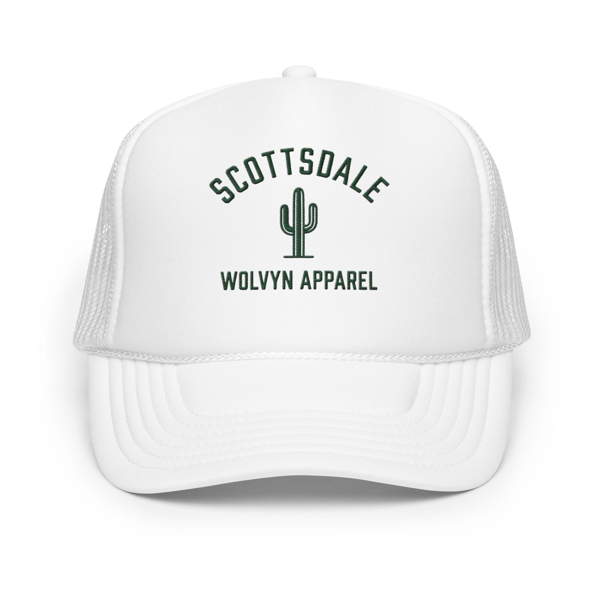 White foam trucker hat with mesh back, cactus graphic, and Scottsdale lettering on front