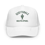 White foam trucker hat with mesh back, cactus graphic, and Scottsdale lettering on front