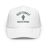 White foam trucker hat with mesh back, cactus graphic, and Scottsdale lettering on front