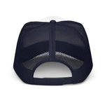 Back view of black mesh foam trucker hat with adjustable snap closure
