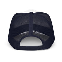 Back view of black mesh foam trucker hat with adjustable snap closure