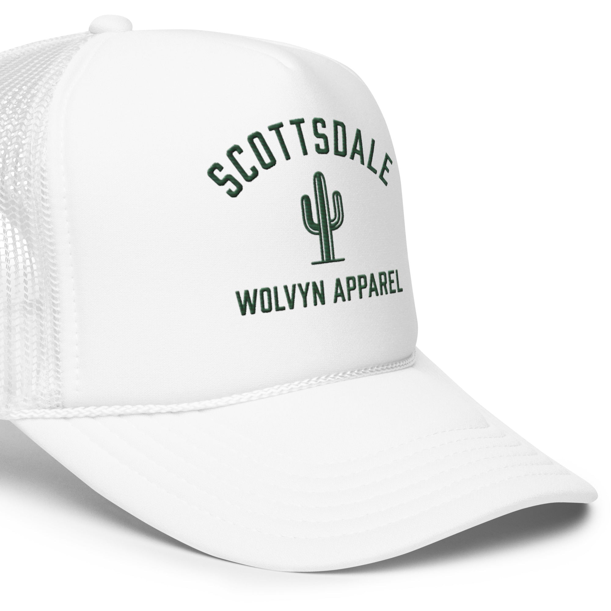 White foam trucker hat with mesh back, Scottsdale cactus graphic, and bold streetwear style.