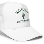 White foam trucker hat with mesh back, Scottsdale cactus graphic, and bold streetwear style.
