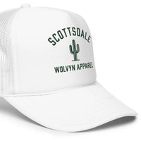 White foam trucker hat with mesh back, Scottsdale cactus graphic, and bold streetwear style.