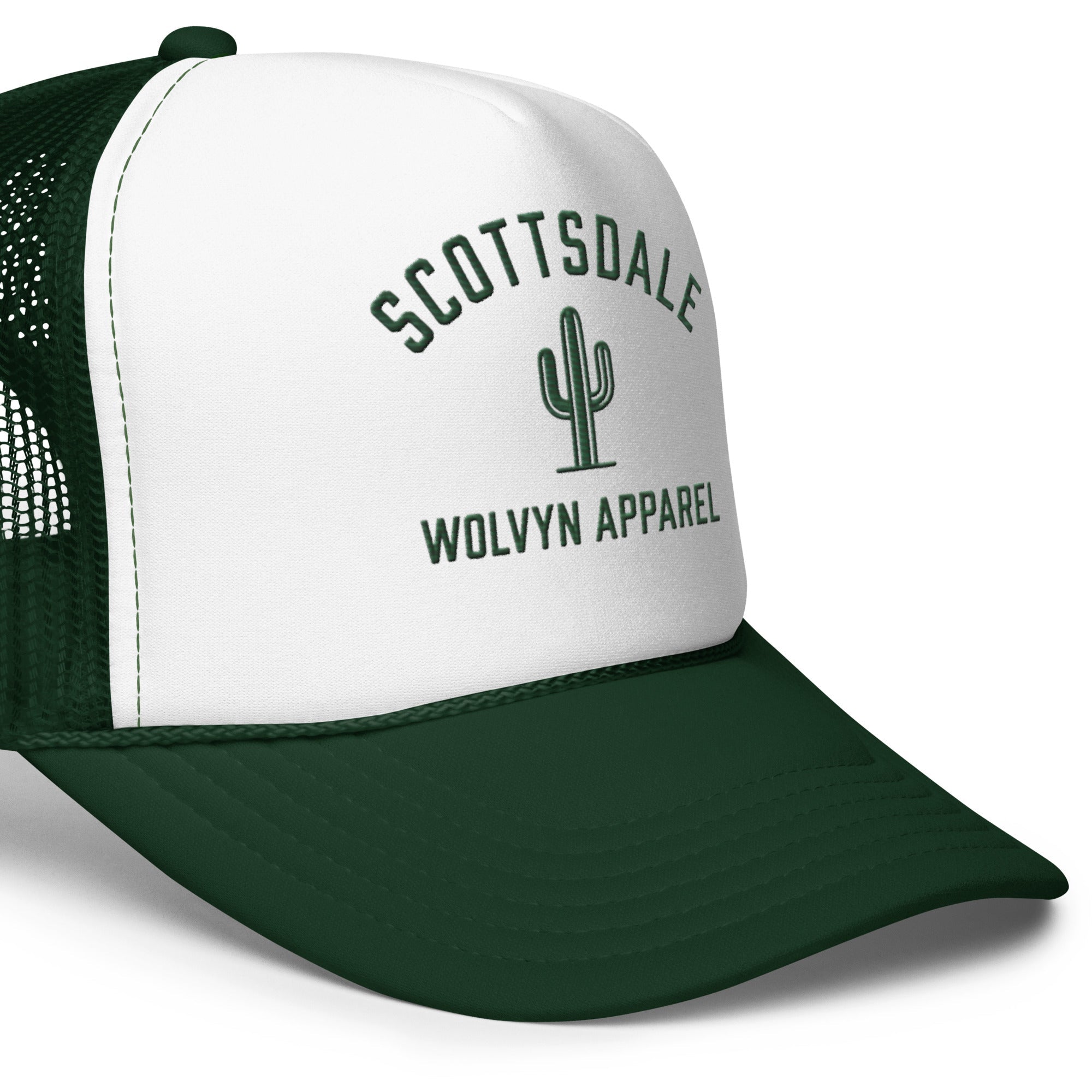 Green and white foam trucker hat with mesh back, cactus graphic, and Scottsdale text