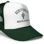 Green and white foam trucker hat with mesh back, cactus graphic, and Scottsdale text