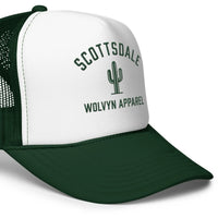 Green and white foam trucker hat with mesh back, cactus graphic, and Scottsdale text