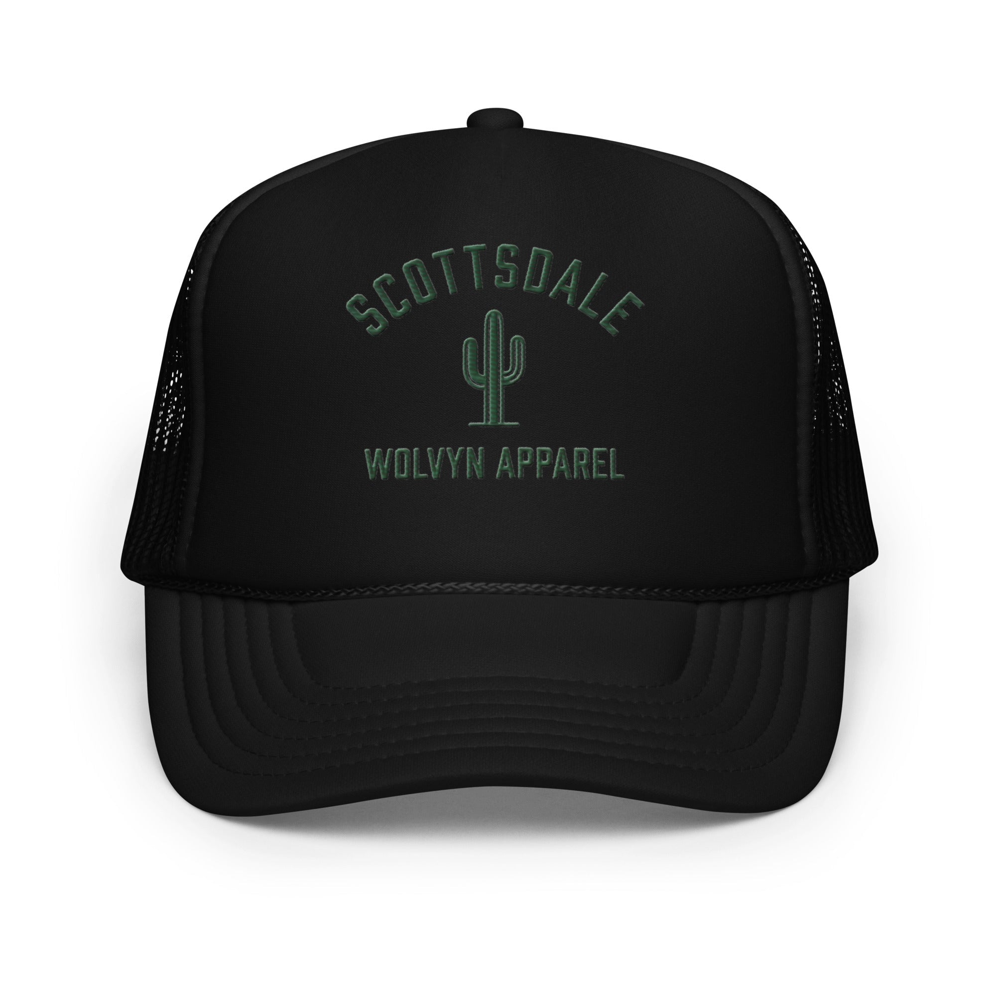 Black foam trucker hat with mesh back, cactus graphic, and Scottsdale Wolvyn Apparel text.