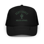 Black foam trucker hat with mesh back, cactus graphic, and Scottsdale Wolvyn Apparel text.