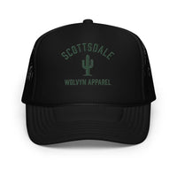 Black foam trucker hat with mesh back, cactus graphic, and Scottsdale Wolvyn Apparel text.