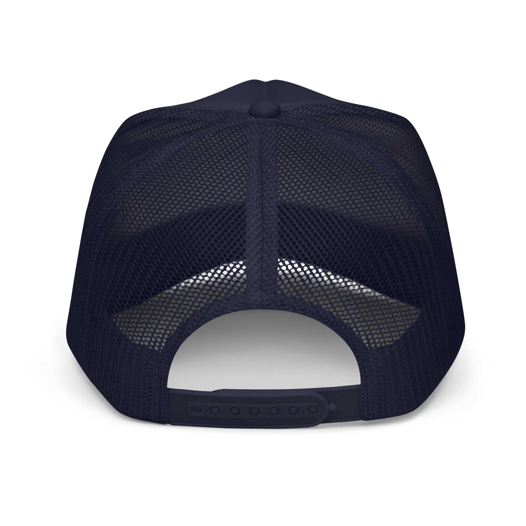 Back view of black mesh foam trucker hat with snapback closure