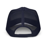 Back view of black mesh foam trucker hat with snapback closure