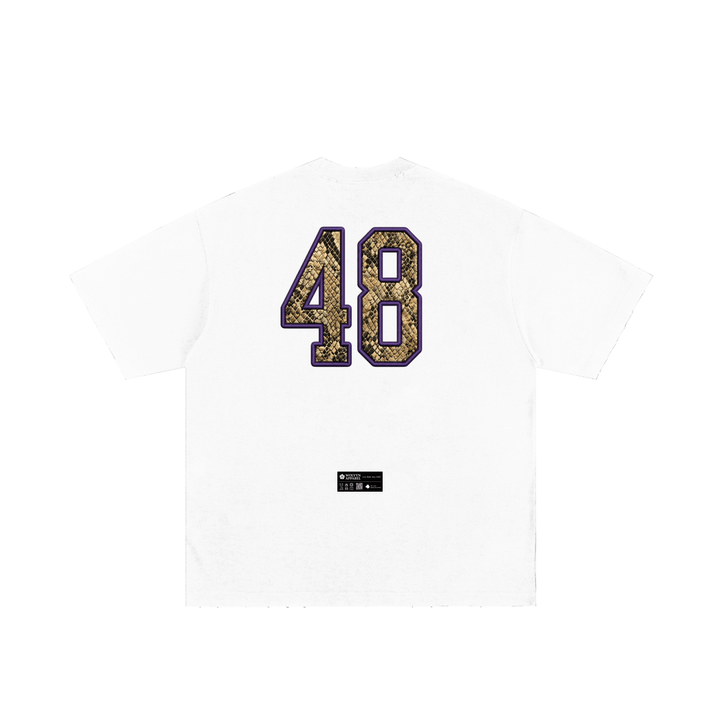 White heavyweight t-shirt with large snake-print 48 graphic and black tag on the back