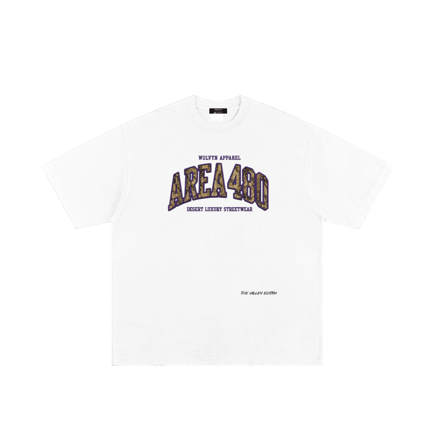 White heavyweight streetwear t-shirt with AREA 480 and bold graphic front print