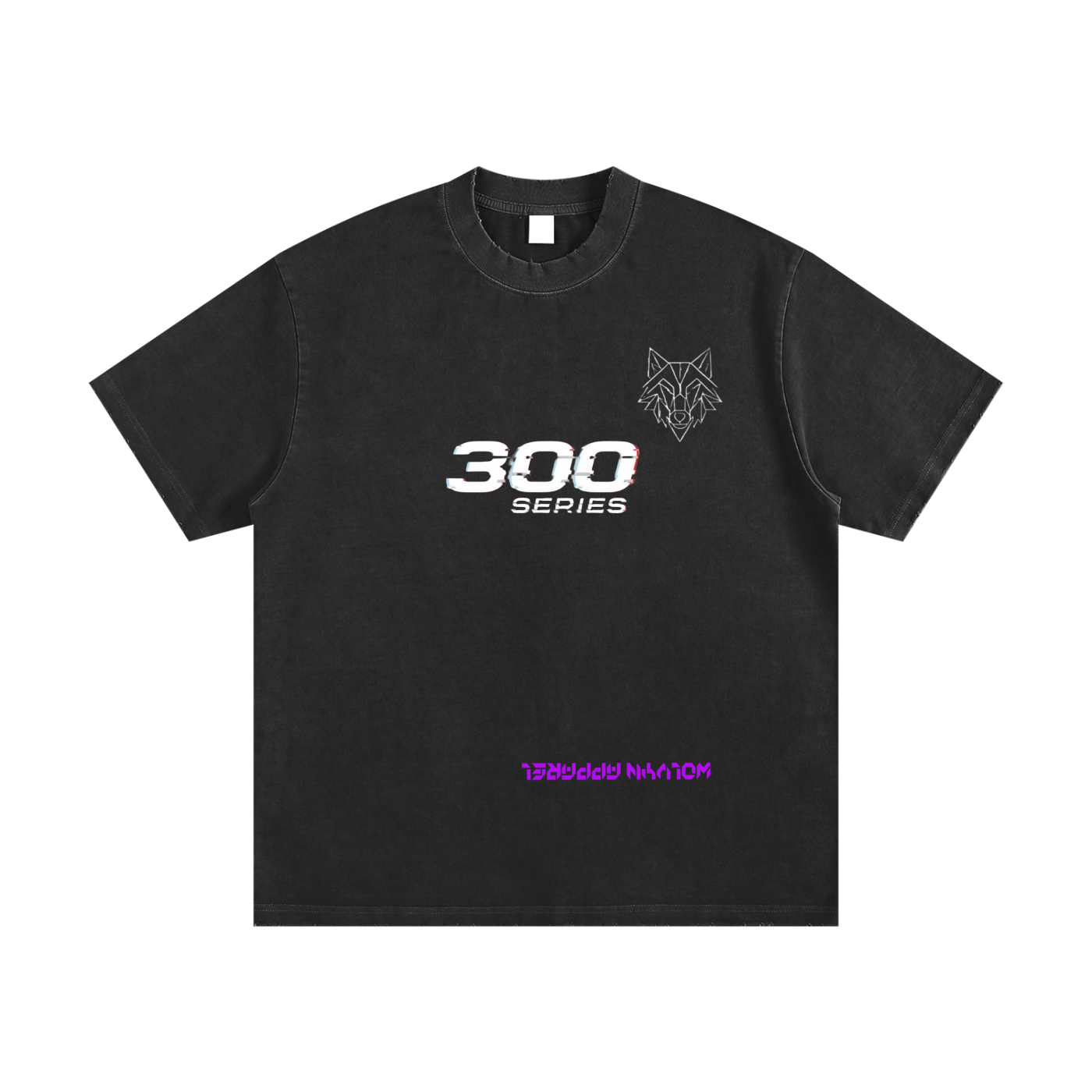 Heavyweight vintage washed black t-shirt with 300 Series graphic, wolf outline, frayed edges