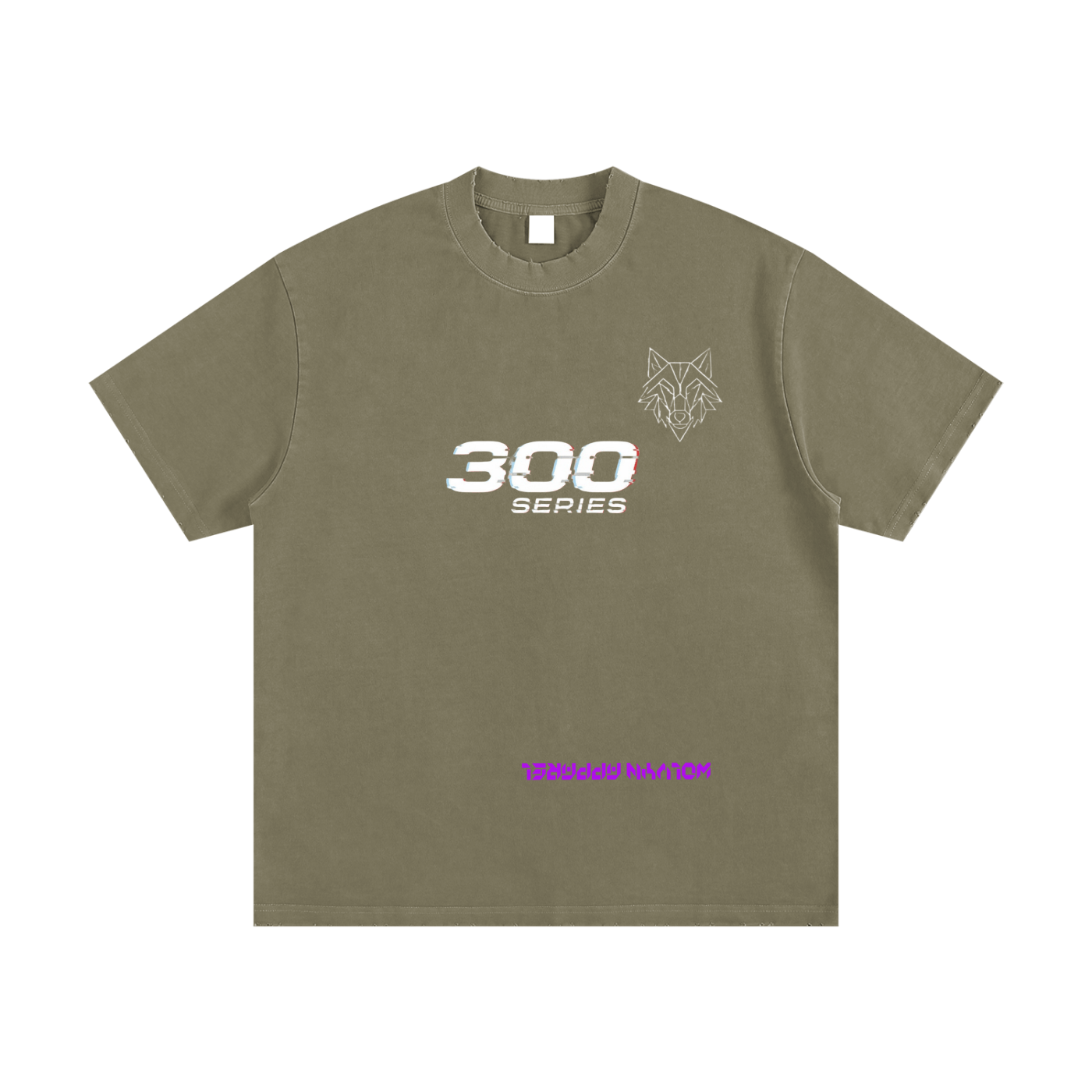 Heavyweight vintage washed t-shirt in olive, featuring 300 Series text and wolf graphic.