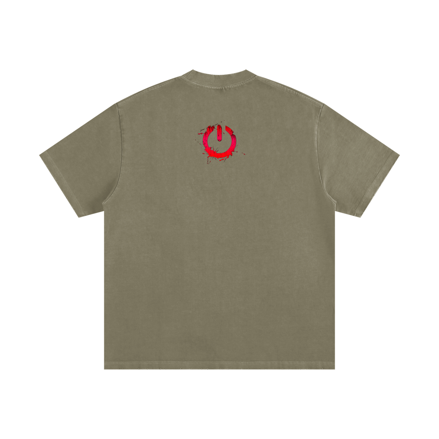 Heavyweight vintage washed khaki t-shirt with red graphic on upper back, frayed edges