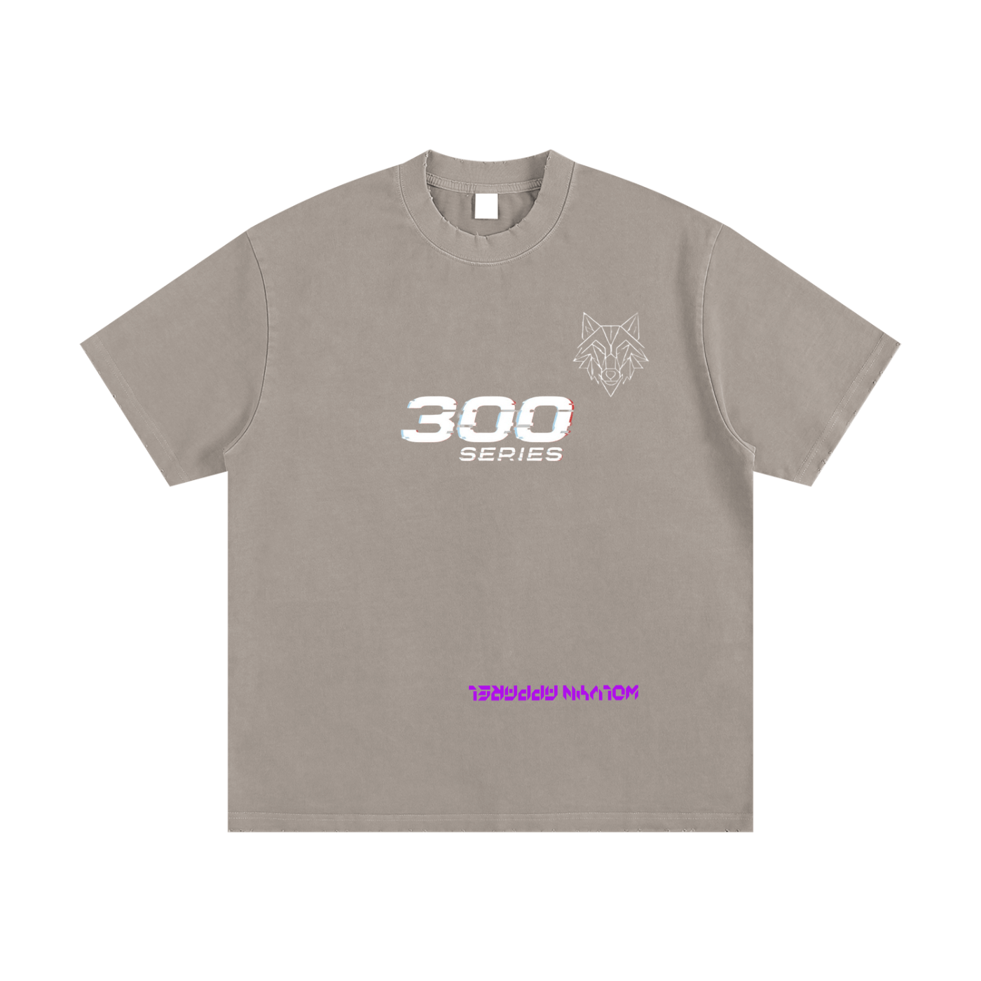 Heavyweight vintage washed taupe t-shirt with '300 Series' text, wolf outline, and frayed details.