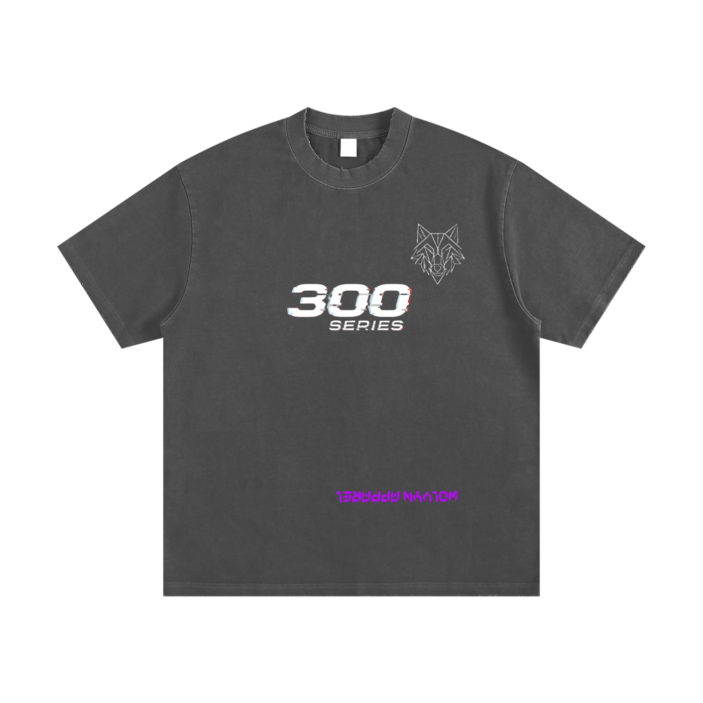 Heavyweight vintage washed black t-shirt with '300 Series' text, wolf graphic, and frayed edges.