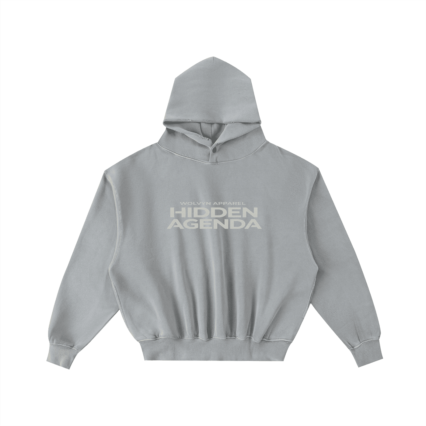 Grey frayed fleece hoodie with 'Hidden Agenda' slogan on front, enzyme washed, streetwear style